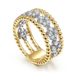 Discount Gabriel & Co. 14K White-Yellow Gold Floral Diamond Clusters and Bujukan Bead Ring
