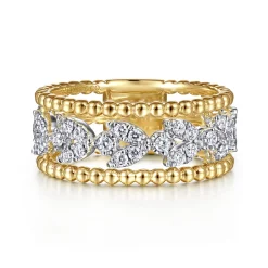 Discount Gabriel & Co. 14K White-Yellow Gold Floral Diamond Clusters and Bujukan Bead Ring