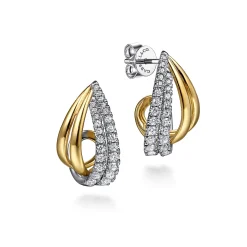 Clearance Gabriel & Co. 14K White Yellow Gold Graduating Diamond J Hoop Stud Earrings