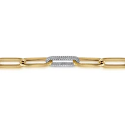 Sale Gabriel & Co. 14K White-Yellow Gold Hollow Paperclip Chain Bracelet with Diamond Pave Link Stations