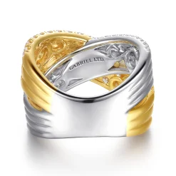 Best Gabriel & Co. 18K White Yellow Gold Multi Row Diamond Criss Cross Ring