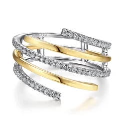 Sale Gabriel & Co. 14K White-Yellow Gold Plain and Diamond Row Statement Ring