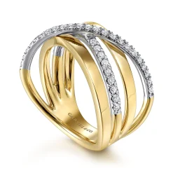 Discount Gabriel & Co. 14K White-Yellow Gold Polished Band and Diamond Row Criss Cross Ring