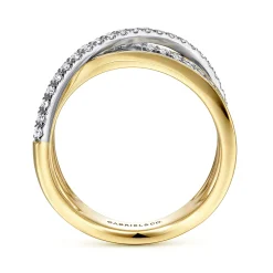Discount Gabriel & Co. 14K White-Yellow Gold Polished Band and Diamond Row Criss Cross Ring