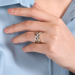 Discount Gabriel & Co. 14K White-Yellow Gold Polished Band and Diamond Row Criss Cross Ring