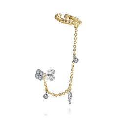 Outlet Gabriel & Co. 14K White-Yellow Gold Single Diamond Stud With Chain Drop And Ear Cuff
