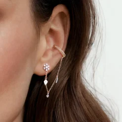Gabriel & Co. 14K White-Yellow Gold Single Diamond Stud With Chain Drop And Ear Cuff