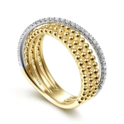 Best Gabriel & Co. 14K White-Yellow Gold Three Row Bujukan Ball and Diamond Band Ring