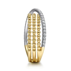 Best Gabriel & Co. 14K White-Yellow Gold Three Row Bujukan Ball and Diamond Band Ring