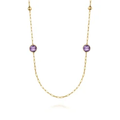 Hot Gabriel & Co. 14K Yellow Gold Amethyst Round Shape Necklace With Four Stations Beads and Bezel Setting