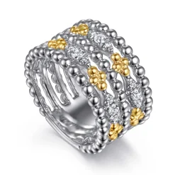 New Gabriel & Co. 14K Yellow Gold and 925 Sterling Silver Bujukan White Sapphire Wide Band Ring
