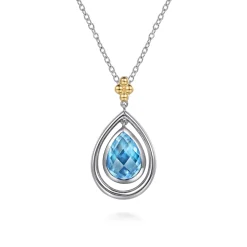 New Gabriel & Co. 14K Yellow Gold and 925 Sterling Silver Bujukan Pear Blue Topaz Pendant Necklace