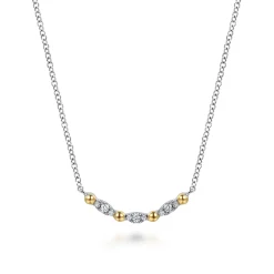 Gabriel & Co. 14K Yellow Gold and 925 Sterling Silver Bujukan Ball White Sapphire Maquise Bar Necklace