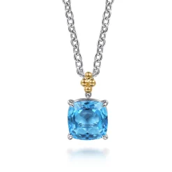 Clearance Gabriel & Co. 14K Yellow Gold and 925 Sterling Silver Bujukan Cushion Blue Topaz Pendant Necklace