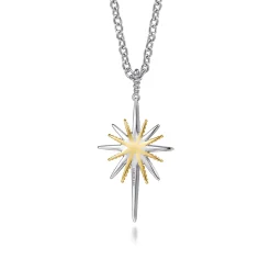Gabriel & Co. 14K Yellow Gold and 925 Sterling Silver Bujukan White Sapphire Starburst Pendant Necklace