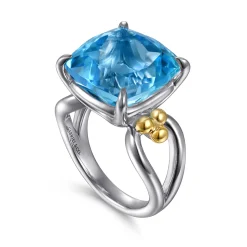 Best Gabriel & Co. 14K Yellow Gold and 925 Sterling Silver Bujukan Cushion Blue Topaz Signet Ring