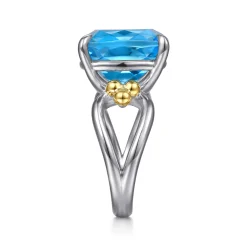 Best Gabriel & Co. 14K Yellow Gold and 925 Sterling Silver Bujukan Cushion Blue Topaz Signet Ring