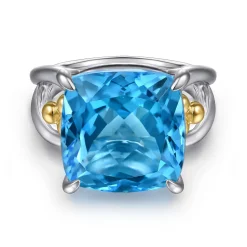 Best Gabriel & Co. 14K Yellow Gold and 925 Sterling Silver Bujukan Cushion Blue Topaz Signet Ring