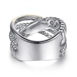 Discount Gabriel & Co. 14K Yellow Gold and 925 Sterling Silver Bujukan Beaded and Shrimp Criss Cross Ring