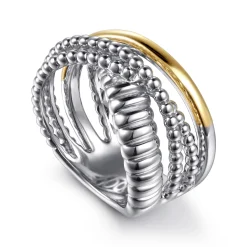 Discount Gabriel & Co. 14K Yellow Gold and 925 Sterling Silver Bujukan Beaded and Shrimp Criss Cross Ring