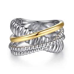 Discount Gabriel & Co. 14K Yellow Gold and 925 Sterling Silver Bujukan Beaded and Shrimp Criss Cross Ring