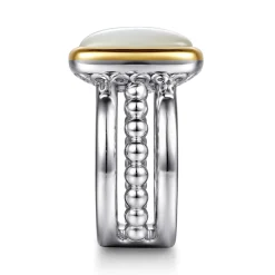Discount Gabriel & Co. 14K Yellow Gold and 925 Sterling Silver Bujukan Elongated Cushion White Mother of Pearl Cocktail Ring