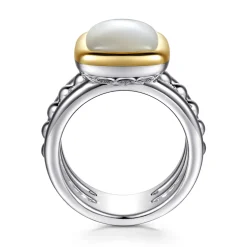 Discount Gabriel & Co. 14K Yellow Gold and 925 Sterling Silver Bujukan Elongated Cushion White Mother of Pearl Cocktail Ring