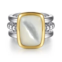 Discount Gabriel & Co. 14K Yellow Gold and 925 Sterling Silver Bujukan Elongated Cushion White Mother of Pearl Cocktail Ring