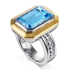 Best Gabriel & Co. 14K Yellow Gold and 925 Sterling Silver Bujukan Octagon Blue Topaz Cocktail Ring
