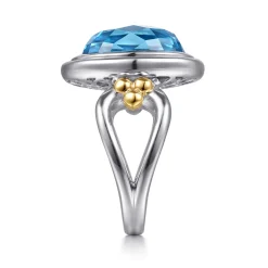 Hot Gabriel & Co. 14K Yellow Gold and 925 Sterling Silver Bujukan Oval Blue Topaz Cocktail Ring