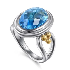 Hot Gabriel & Co. 14K Yellow Gold and 925 Sterling Silver Bujukan Oval Blue Topaz Cocktail Ring