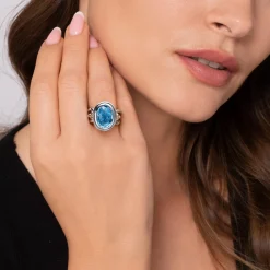 Hot Gabriel & Co. 14K Yellow Gold and 925 Sterling Silver Bujukan Oval Blue Topaz Cocktail Ring
