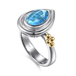 Clearance Gabriel & Co. 14K Yellow Gold and 925 Sterling Silver Bujukan Pear Blue Topaz Cocktail Ring