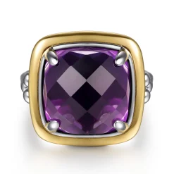 Clearance Gabriel & Co. 14K Yellow Gold and 925 Sterling Silver Bujukan Cushion Amethyst Cocktail Ring