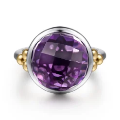 Sale Gabriel & Co. 14K Yellow Gold and 925 Sterling Silver Bujukan Round Amethyst Cocktail Ring