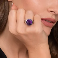 Sale Gabriel & Co. 14K Yellow Gold and 925 Sterling Silver Bujukan Round Amethyst Cocktail Ring