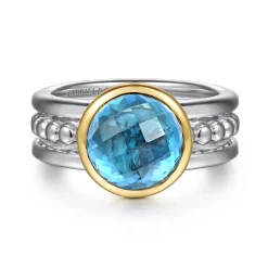 Gabriel & Co. 14K Yellow Gold and 925 Sterling Silver Bujukan Round Blue Topaz Cocktail Ring