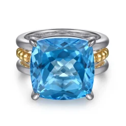 Gabriel & Co. 14K Yellow Gold and 925 Sterling Silver Bujukan Multi Rows Cushion Blue Topaz Cocktail Ring