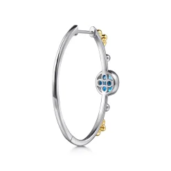 Gabriel & Co. 14K Yellow Gold and 925 Sterling Silver Bujukan Round Blue Topaz Elongated Oval Classic Hoop Earrings