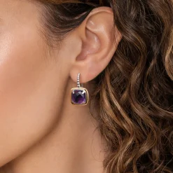 Gabriel & Co. 14K Yellow Gold and 925 Sterling Silver Bujukan Cushion Amethyst Leverback Earrings