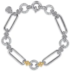 New Gabriel & Co. 14K Yellow Gold and 925 Sterling Silver Bujukan Clover and White Sapphire Link Chain Bracelet