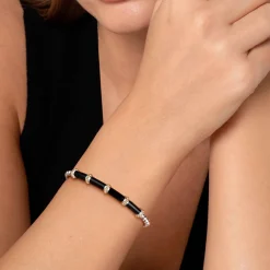 Hot Gabriel & Co. 14K Yellow Gold and 925 Sterling Silver Bujukan and Bar Split Bangle Bracelet with Black Enamel
