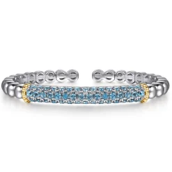 Best Gabriel & Co. 14K Yellow Gold and 925 Sterling Silver Bujukan and London Blue Topaz Bangle Bracelet