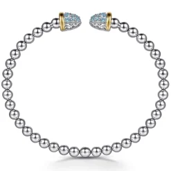 Gabriel & Co. 14K Yellow Gold and 925 Sterling Silver Bujukan Pave Blue Topaz Bullet Split Bangle Bracelet