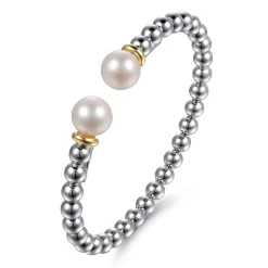 Online Gabriel & Co. 14K Yellow Gold and 925 Sterling Silver Pearl and Bujukan Bangle Bracelet