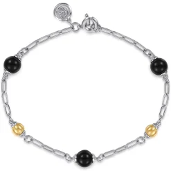 Gabriel & Co. 14K Yellow Gold and 925 Sterling Silver Brush Bujukan Beads and Onyx Station Bracelet