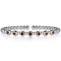 Discount Gabriel & Co. 14K Yellow Gold and 925 Sterling Silver Amethyst Bezel Set Bujukan Split Bangle Bracelet