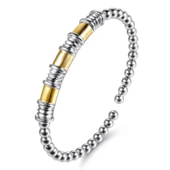 Discount Gabriel & Co. 14K Yellow Gold and 925 Sterling Silver Bujukan Beaded Diamond Cut Station Cuff Bangle Bracelet
