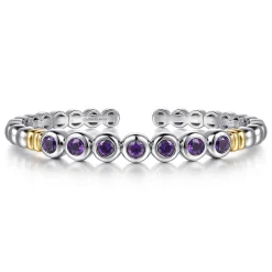 Gabriel & Co. 14K Yellow Gold and 925 Sterling Silver Bujukan Round Amethyst Bangle