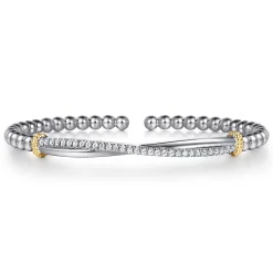 Discount Gabriel & Co. 14K Yellow Gold and 925 Sterling Silver Bujukan Beaded White Sapphire Cuff Bangle Bracelet